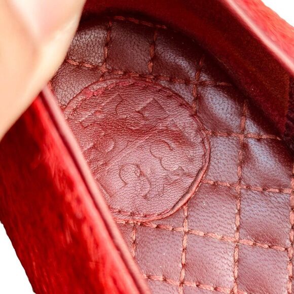$295 TORY BURCH Jess Calf Hair Flats 7.5 Brick Red Smoking Slipper Ballet Loafer - Picture 10 of 11